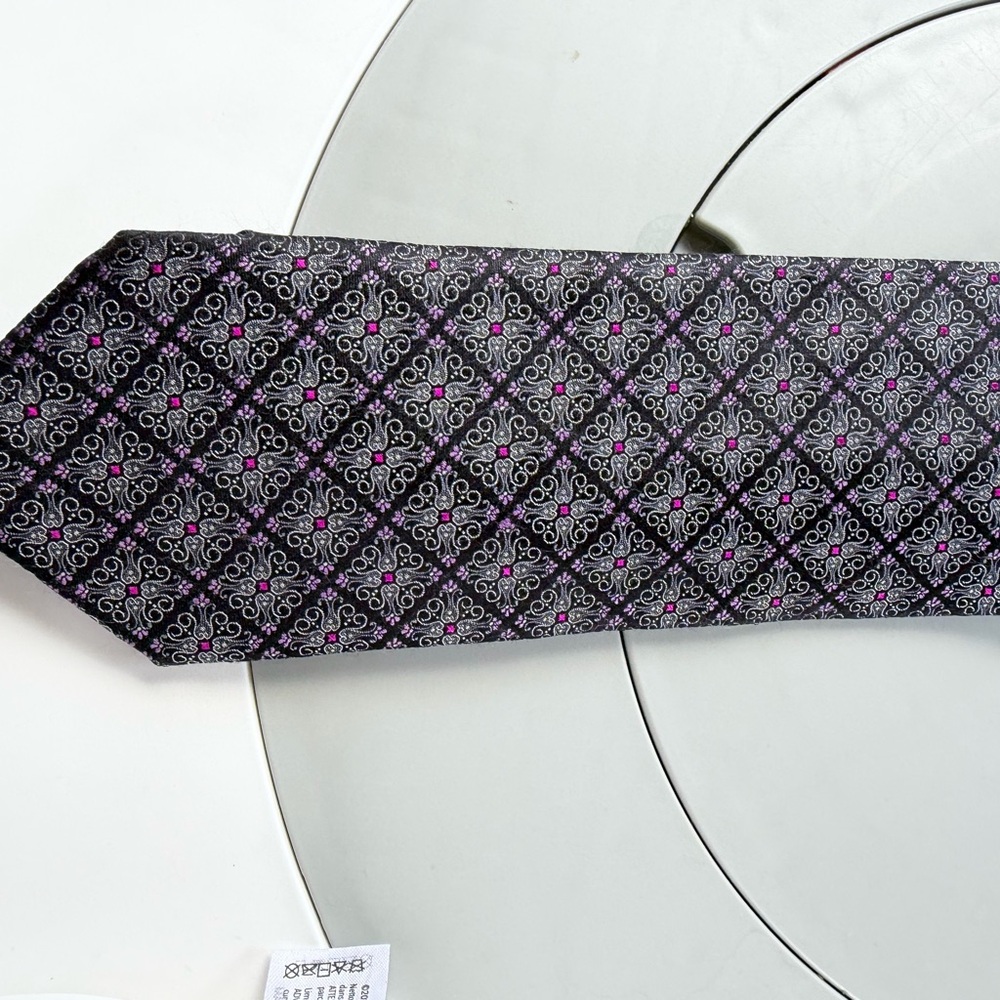 Canali Black Silk Tie with Purple and Silver Medallion Pattern